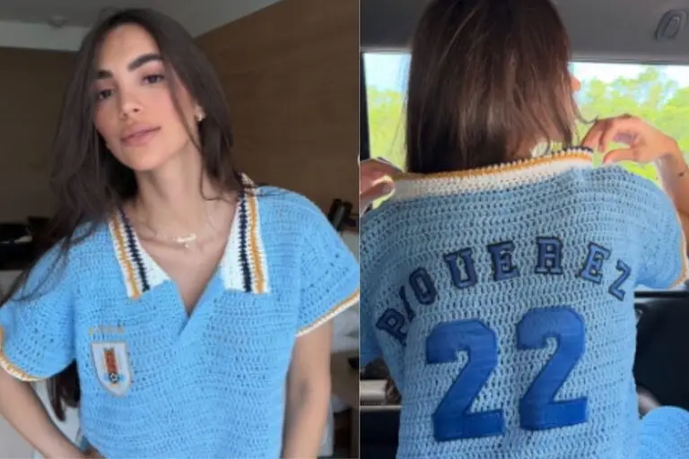 El look viral de Camila Álvarez, pareja de Piquerez: alentó a Uruguay con outfit tejido
