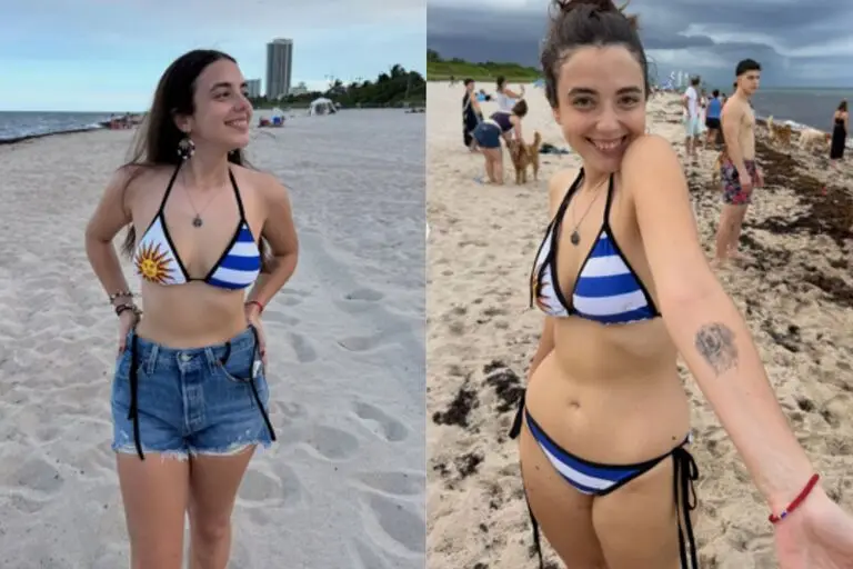 El look de Alaska para alentar a Uruguay: bikini patrio y furor en las redes